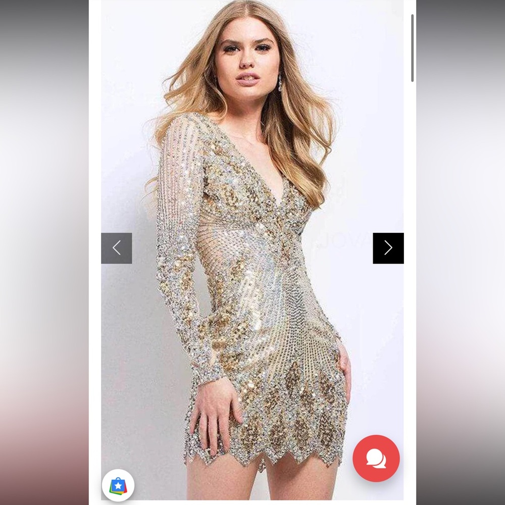 Jovani Gold Sequin Beaded Mini Dress | Long Sleeve Cocktail Dress Designer